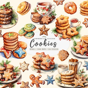 Könnte beinhalten: Eine Aquarell-Illustration einer Sammlung von Weihnachtskeksen. Die Kekse sind mit verschiedenen Designs verziert, darunter Schneeflocken, Sterne und Lebkuchenmänner. Die Kekse sind auf einem weißen Hintergrund mit Stechpalmenzweigen und Zimtstangen angeordnet.