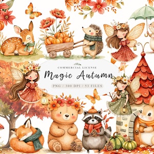 May include: Watercolor illustration featuring autumn-themed characters and elements. A sleeping fawn, a hedgehog pulling a cart of pumpkins, fairies, a bear, a raccoon, and a bunny are depicted. The text "Magic Autumn" is also present.
