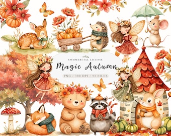 Watercolor magical autumn fairy garden clipart Bundle, Floral pumpkin fall fairy clipart, Cute fall animals clipart, Magical autumn animals
