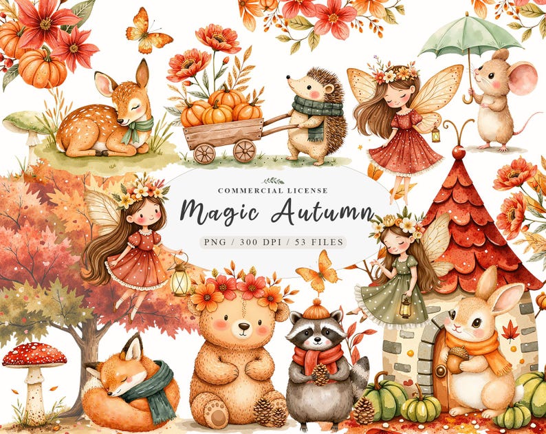 Watercolor Magical Autumn Fairy Garden Clipart Bundle ✨
Beautiful bohemian fall clipart with pumpkins, flowers, fairies, and cute animals. Perfect for birthday invitations, printable stickers, digital planners, scrapbooking, and DIY projects. High-quality PNG files with transparent background. Instant digital download for your creative ideas