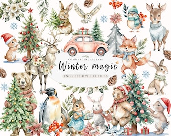 May include: A watercolor illustration set featuring winter animals, including a fox, deer, bear, penguin, squirrel, and rabbit. The set also includes Christmas trees, a vintage car, and other winter-themed elements. The text "Winter magic" is included in the image.