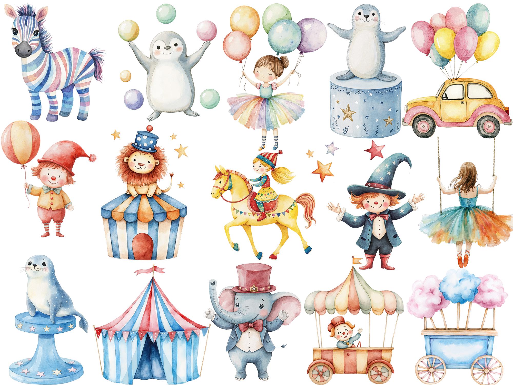 Watercolor Cute Baby Circus Animals Clipart, Nursery Circus Party ...