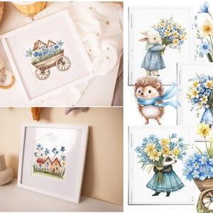 May include: Four white picture frames with different watercolour illustrations. The first frame shows a small blue wagon with houses and flowers. The second frame shows a hedgehog with a blue scarf and flowers. The third frame shows a rabbit with a blue dress and flowers. The fourth frame shows a badger with a blue dress and flowers.