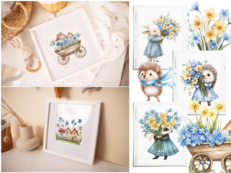 May include: Four white picture frames with different watercolour illustrations. The first frame shows a small blue wagon with houses and flowers. The second frame shows a hedgehog with a blue scarf and flowers. The third frame shows a rabbit with a blue dress and flowers. The fourth frame shows a badger with a blue dress and flowers.
