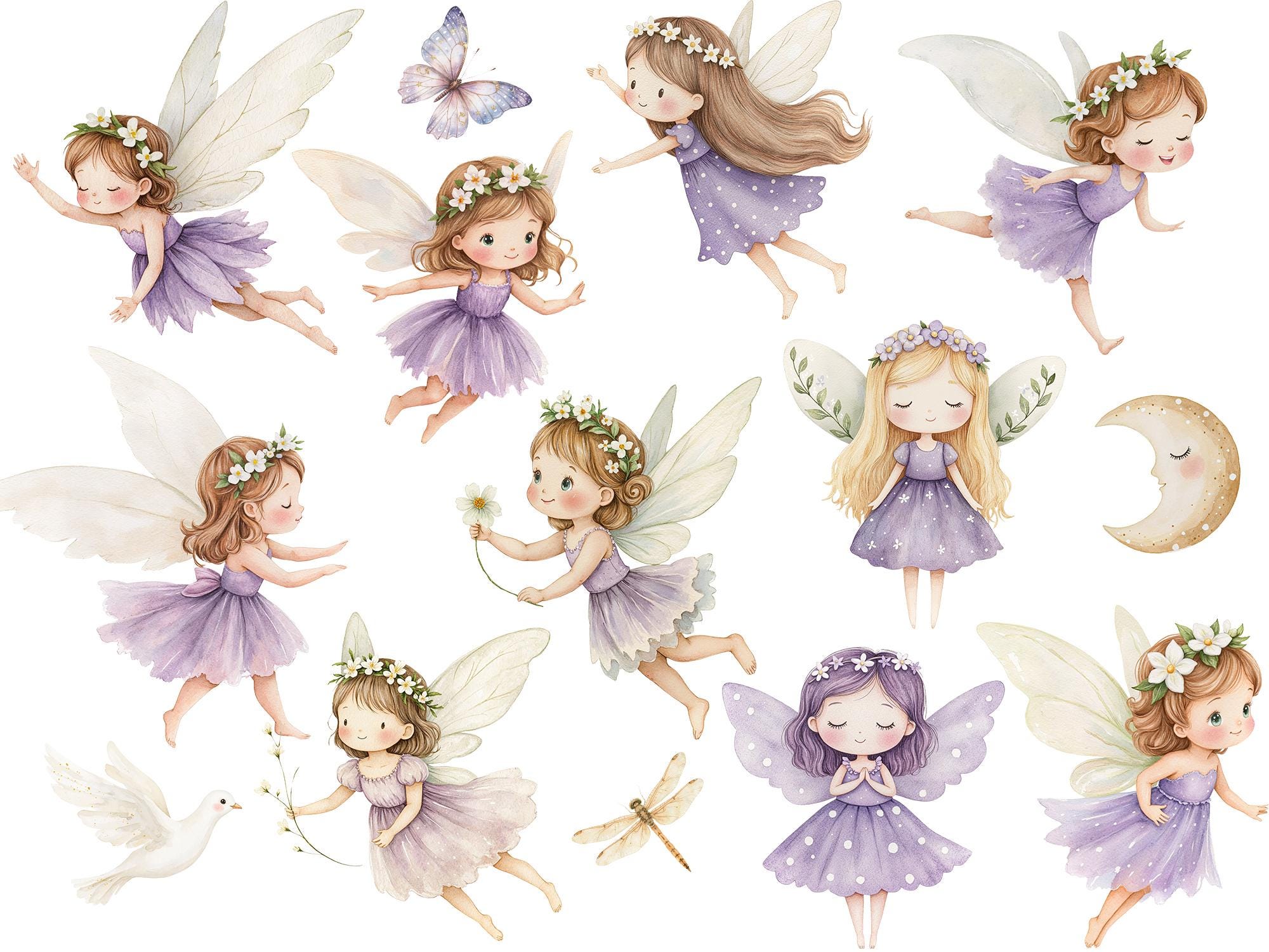 Watercolor Magical Garden Purple Fairies Clipart Bundle, Nature Cute ...