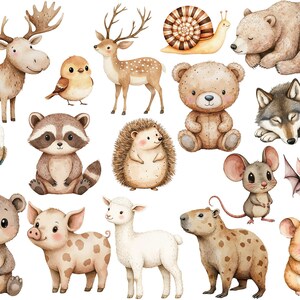 May include: A collection of watercolor illustrations featuring various animals, including a deer, a raccoon, a hedgehog, a bear, a wolf, a snail, a mouse, a bat, a pig, a capybara, a hamster, a bird, an eagle, and a lamb. The illustrations are all in a cartoon style and are perfect for use in children's books, greeting cards, or other creative projects.