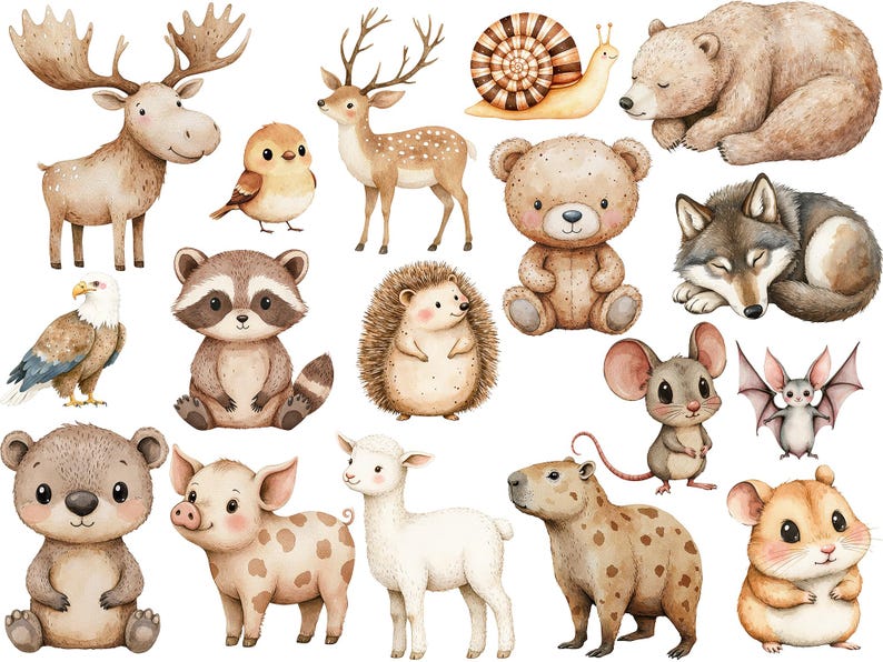 May include: A collection of watercolor illustrations featuring various animals, including a deer, a raccoon, a hedgehog, a bear, a wolf, a snail, a mouse, a bat, a pig, a capybara, a hamster, a bird, an eagle, and a lamb. The illustrations are all in a cartoon style and are perfect for use in children's books, greeting cards, or other creative projects.