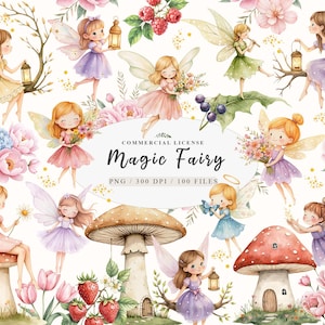 Aquarell magischen Garten rosa Feen Clipart Bundle, Natur Niedlichen magischen Waldfee ersten Geburtstag Clipart, Märchen Fantasy Feenhaus