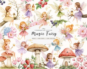 Puede incluir: Un conjunto de 100 ilustraciones de acuarela de hadas, setas, flores y otros elementos caprichosos. Las hadas se representan con alas, vestidos y flores. Las setas son rojas y blancas con manchas blancas. Las flores son rosas, blancas y azules. Las ilustraciones son perfectas para crear diseños digitales o impresos.