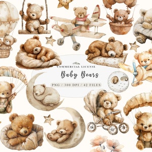Boho Teddy Bear Sweet Dreams Clipart Nursery Bundle, Cute Teddy Bear with Balloons Nursery Clipart Set, Baby Teddy Bear with Baby Moon