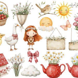 Watercolor Spring Cute Girl Floral Woodland Animals Clipart Bundle ...