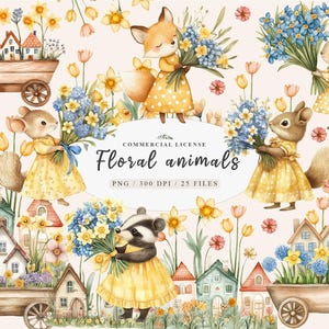 Animal de la forêt printanier avec clipart bouquet de fleurs, brouette de jardin de printemps clipart fleurs, animal mignon de la forêt Boho png