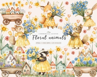 Spring woodland animal with bouquet of flowers clipart, Spring garden wheelbarrow of flowers clipart, Boho woodland cute animal png