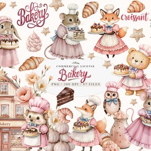 Paquete de imágenes prediseñadas de animales de panadería lindos de dulces de acuarela, ilustraciones de cupcakes de animales de chef, imágenes prediseñadas de dulces de comida de acuarela, lindo cocinero de animales
