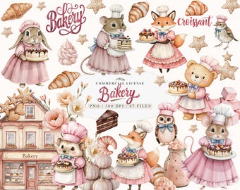 May include: A set of 87 watercolor illustrations featuring cute animals dressed as bakers, holding pastries and bakery items. The illustrations include a bunny, fox, mouse, owl, hedgehog, bear, and a bird. The illustrations are perfect for creating invitations, cards, and other crafts.