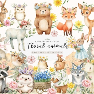 Zoete bos bloemen dieren wezens clipart bundel, Floral Friends bos dieren clipart, Woodland baby bloemen dier, png Clipart