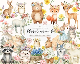 Sweet woodland floral animal creatures clipart bundle, Floral friends forest animals clipart, Woodland baby floral animal png Clipart