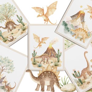 May include: Set of six watercolor illustrations featuring dinosaurs and dragons in a desert landscape. The illustrations include a stegosaurus, a brachiosaurus, a triceratops, a pterodactyl, and a dragon.