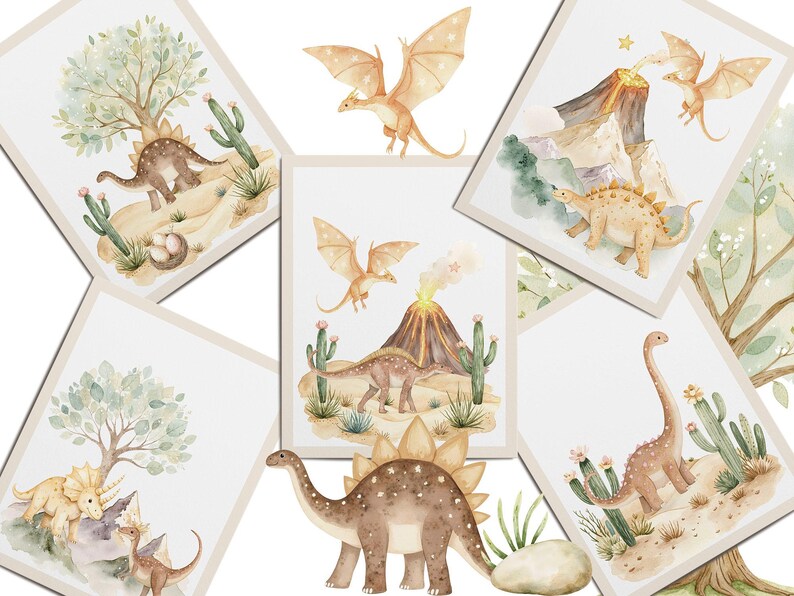 May include: Set of six watercolor illustrations featuring dinosaurs and dragons in a desert landscape. The illustrations include a stegosaurus, a brachiosaurus, a triceratops, a pterodactyl, and a dragon.