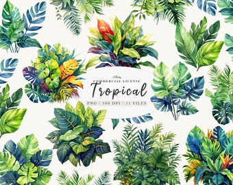 Watercolor tropical leaves, Summer palm leaves png, Digital leaves clipart, Tropical clipart, Summer stickers, Free commercial use