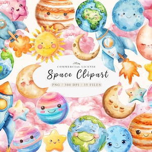 Clipart de fiesta de astronauta, cohete, planetas, galaxia, acuarela, lindo clipart de fiesta de cumpleaños espacial, clipart de espacio exterior de nave espacial, lindo cohete png