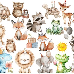 May include: A set of watercolor illustrations featuring various animals wearing party hats. The animals include a fox, raccoon, owl, turtle, deer, lion, frog, elephant, dinosaur, crocodile, and a sun. The illustrations are perfect for a birthday party or other celebration.