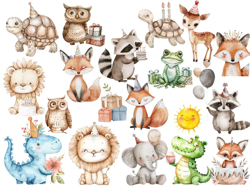 May include: A set of watercolor illustrations featuring various animals wearing party hats. The animals include a fox, raccoon, owl, turtle, deer, lion, frog, elephant, dinosaur, crocodile, and a sun. The illustrations are perfect for a birthday party or other celebration.