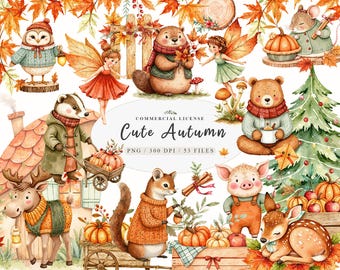 May include: Watercolor illustration of various autumn-themed characters, including an owl, fairy, bear, and squirrel, surrounded by pumpkins and fall foliage. The text "Cute Autumn" is displayed in the center. The image is a PNG file with 300 DPI and 53 files.