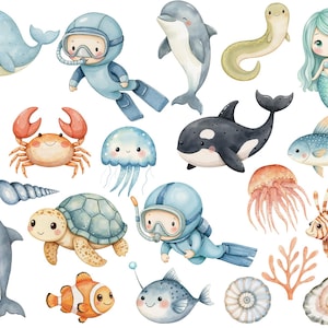 May include: A watercolor illustration of various sea creatures, including a blue whale, a dolphin, a seahorse, a crab, a jellyfish, a turtle, a sea lion, a mermaid, a fish, and a starfish. The illustration is perfect for a children's book or a nursery decor.