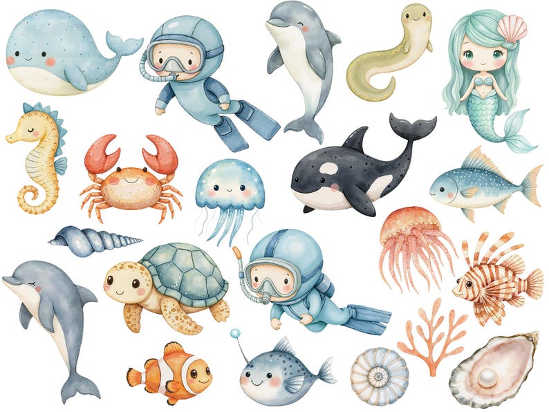 May include: A watercolor illustration of various sea creatures, including a blue whale, a dolphin, a seahorse, a crab, a jellyfish, a turtle, a sea lion, a mermaid, a fish, and a starfish. The illustration is perfect for a children's book or a nursery decor.