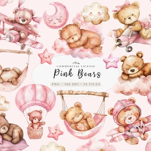 Fais de beaux rêves pour chambre d'enfant Art rose bébé ours avec ballons et avion, Shower de bébé rose, clipart bébé lune mignon, clipart Sweet Dreams