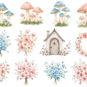 Watercolor magical Garden Fairies Clipart, Cute nature fairies Forest Birthday Bundle for Fantasy Illustrations, Fairytale House magic pink