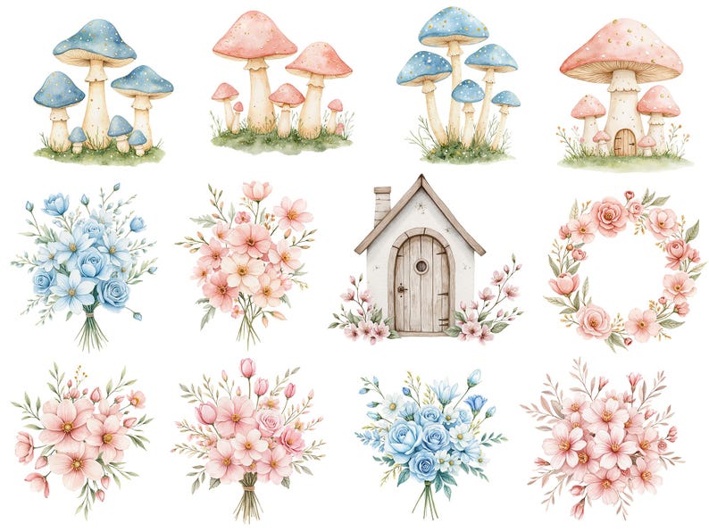 Watercolor magical Garden Fairies Clipart, Cute nature fairies Forest Birthday Bundle for Fantasy Illustrations, Fairytale House magic pink
