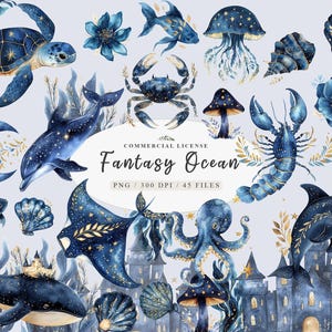 Aquarela fantasia fofos animais marinhos clipart Bundle, Underwater Magical ocean creature png, Animais marinhos fofos peixes tartaruga golfinho clipart