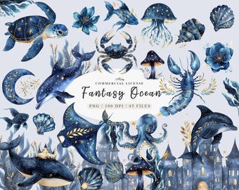 Watercolor fantasy cute sea animals clipart Bundle, Underwater Magical ocean creature png, Sea animals cute fish turtle dolphin clipart