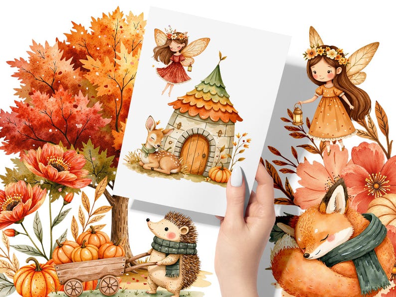 Watercolor Magical Autumn Fairy Garden Clipart Bundle ✨
Beautiful bohemian fall clipart with pumpkins, flowers, fairies, and cute animals. Perfect for birthday invitations, printable stickers, digital planners, scrapbooking, and DIY projects. High-quality PNG files with transparent background. Instant digital download for your creative ideas