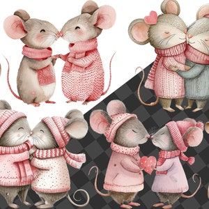 May include: Four watercolor illustrations of mice wearing pink and blue sweaters and hats. The mice are in pairs, with each pair either kissing or holding a heart. The illustrations are on a white background.