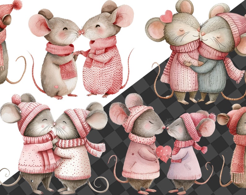 May include: Four watercolor illustrations of mice wearing pink and blue sweaters and hats. The mice are in pairs, with each pair either kissing or holding a heart. The illustrations are on a white background.