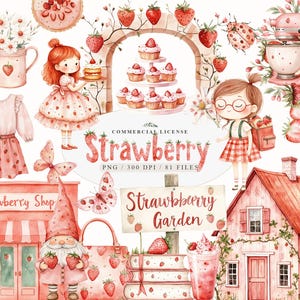 Aquarelle mignonne fraise jardin fille ferme signe clipart, clipart sablé aux fraises et crème, cueillette de saison de fraises, lait aux fraises