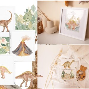 May include: Set of six watercolor prints featuring dinosaurs, a volcano, and leafy branches. The prints are in a neutral color palette of brown, beige, and green. The prints are perfect for a nursery or child's room.