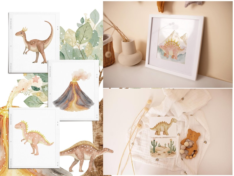 May include: Set of six watercolor prints featuring dinosaurs, a volcano, and leafy branches. The prints are in a neutral color palette of brown, beige, and green. The prints are perfect for a nursery or child's room.