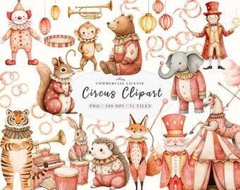 Watercolor vintage circus party animal clipart, Cute circus magician png, Circus baby shower animal png, Circus tent party clown clipart