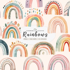 Boho Pastell Regenbogen für neutrale Baby-Dekor Clipart-Bundle, Kawaii Pastell Regenbogen Baby Kunst, Aquarell Boho Regenbogen Designs Clipart png