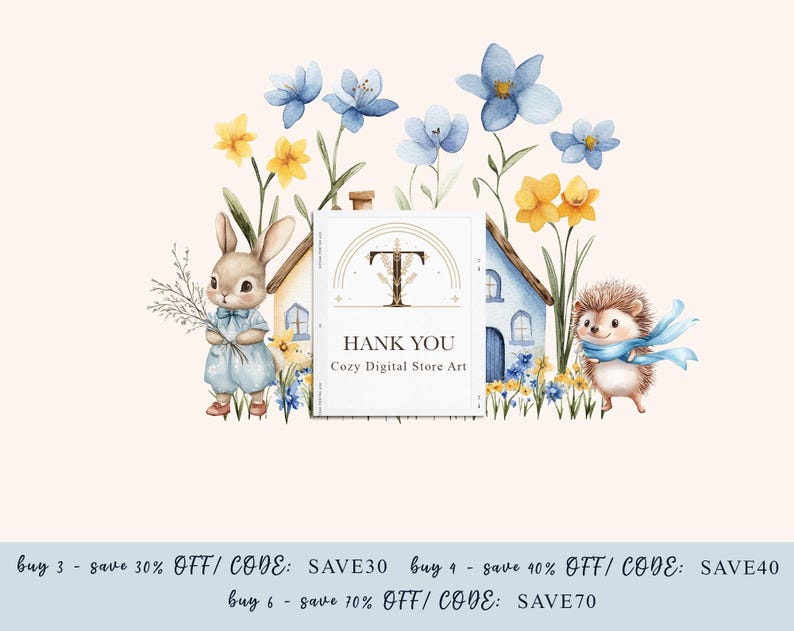 May include: A watercolour illustration of a thank you card featuring a blue and white house, a bunny, and a hedgehog. The card includes the text "Thank You" and "Cozy Digital Store Art". The illustration is surrounded by blue and yellow flowers.