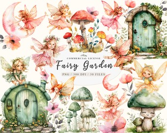 Enchanted Fantasy Mushroom Garden with Mystical Fairies Clipart, Garden princess fantasy use, Fairy garden png Bundle, Hobbit garden house
