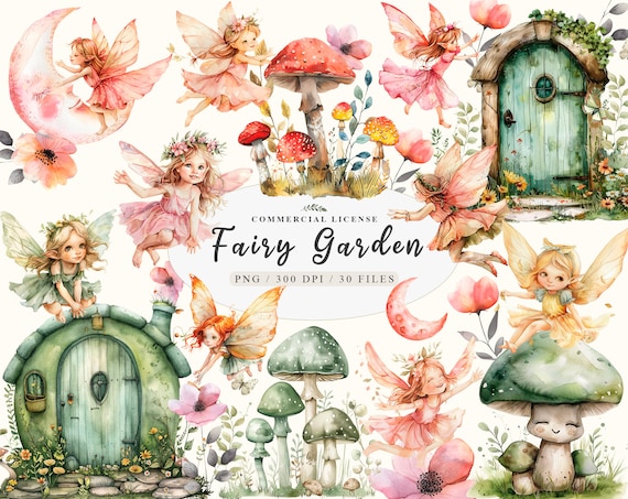 Enchanted Fantasy Mushroom Garden with Mystical Fairies Clipart, Garden princess fantasy use, Fairy garden png Bundle, Hobbit garden house