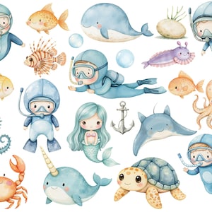 May include: Watercolor illustration of various sea creatures, including a crab, a seahorse, a mermaid, a narwhal, a turtle, a starfish, a jellyfish, an octopus, a stingray, a fish, and divers. The illustration is painted in shades of blue, green, orange, and yellow.
