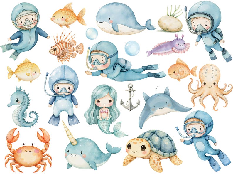 May include: Watercolor illustration of various sea creatures, including a crab, a seahorse, a mermaid, a narwhal, a turtle, a starfish, a jellyfish, an octopus, a stingray, a fish, and divers. The illustration is painted in shades of blue, green, orange, and yellow.
