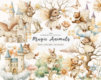 Enchanted Woodland magic fairy animal clipart, Baby fairy tale animals fairy png, fantasy horse clipart, Fairy garden animals friends png