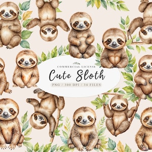 Lot de cliparts aquarelle bébé paresseux tropical pour décoration de chambre d'enfant, adorable bébé paresseux jungle Clipart ensemble, clipart animaux bébé paresseux